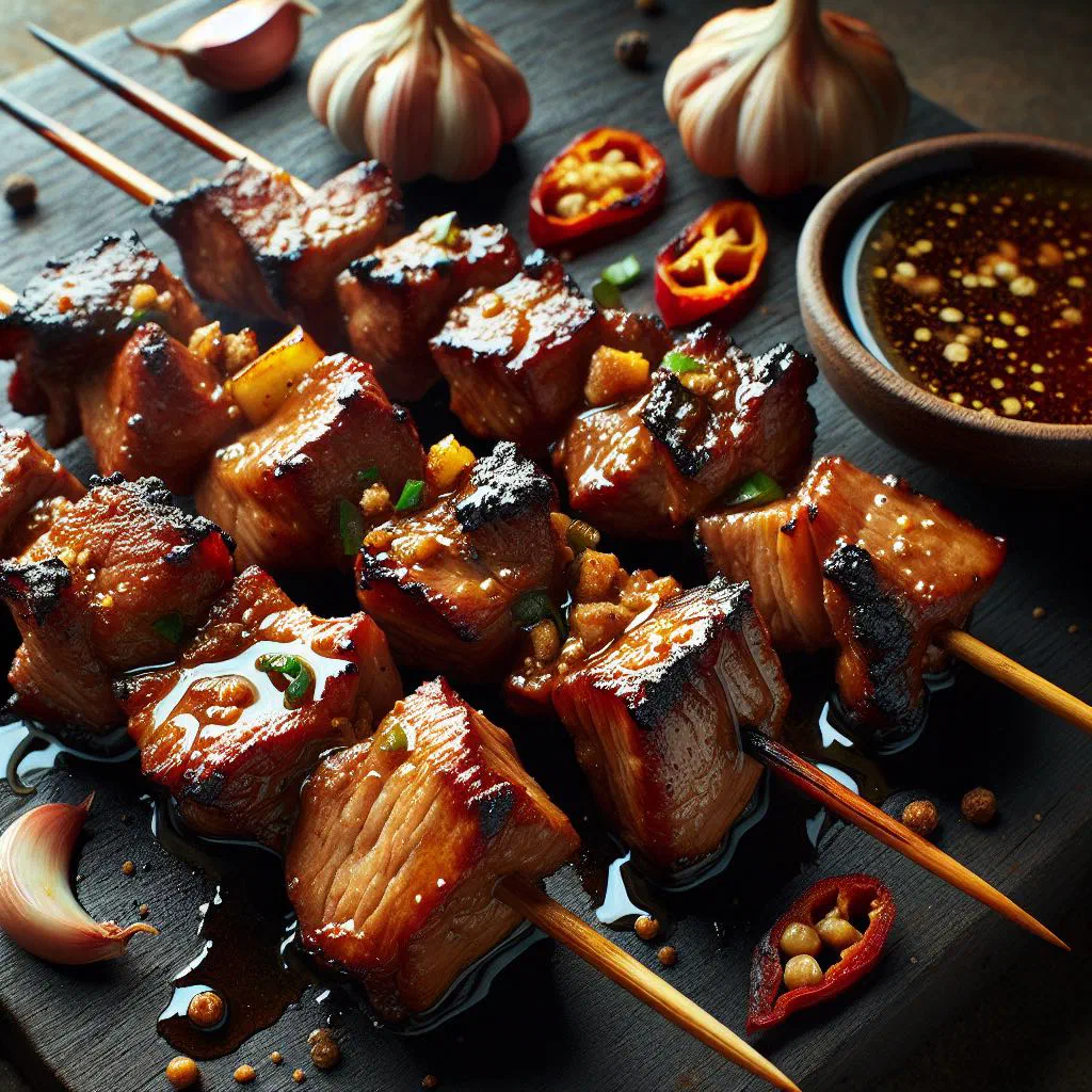 Grilled pork skewers glazed with soy and citrus marinade