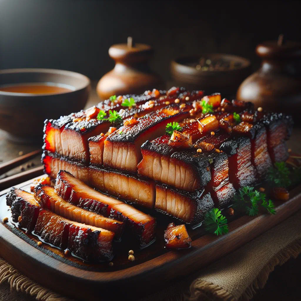 Grilled marinated pork belly slices, golden and charred from the grill