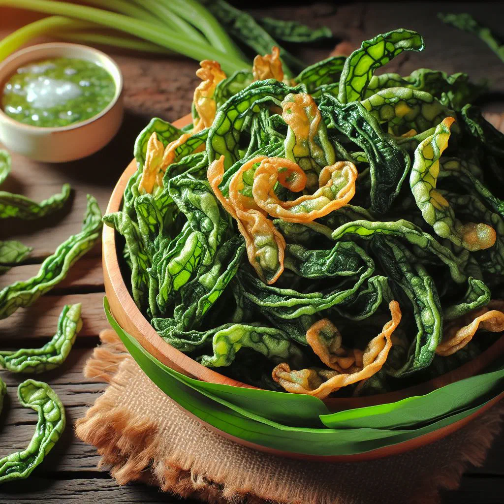 Crispy deep-fried kangkong chips served in a bowl