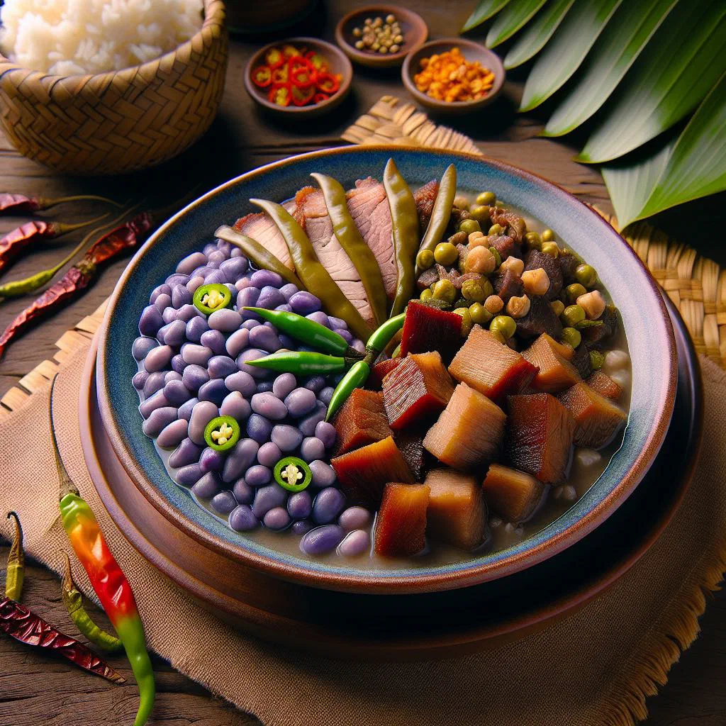 A bowl of KBL stew with pork, pigeon peas and jackfruit