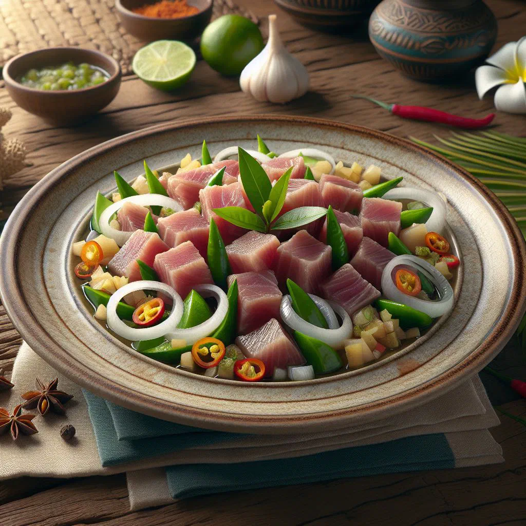 Bowl of kinilaw na tuna garnished with coriander and lime