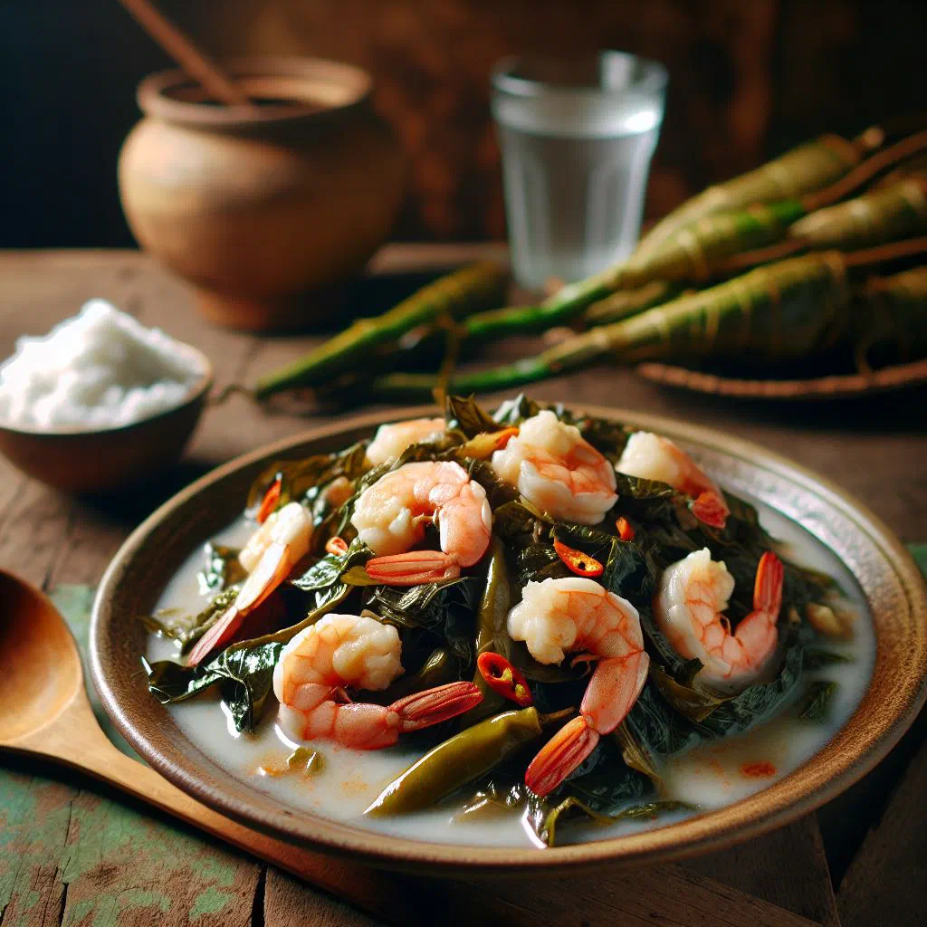 Laing with shrimp simmered in creamy coconut sauce, garnished with red chillies