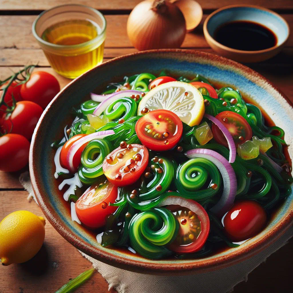 Fresh lato sea grape salad with diced tomatoes, onion and lime