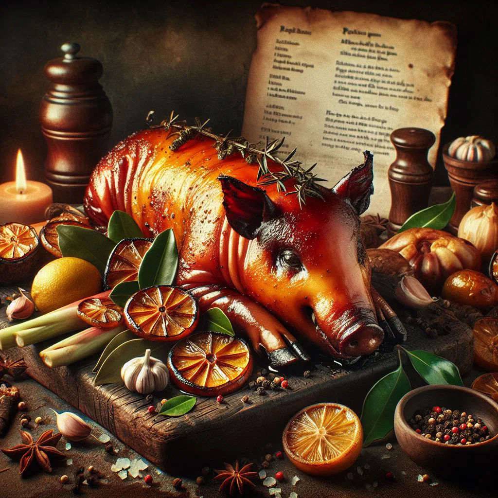Whole roasted lechon with golden crispy skin on a serving platter