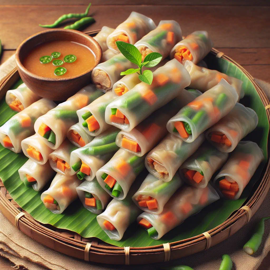 Golden, crisp Lumpiang Ubod spring rolls served with a dipping sauce