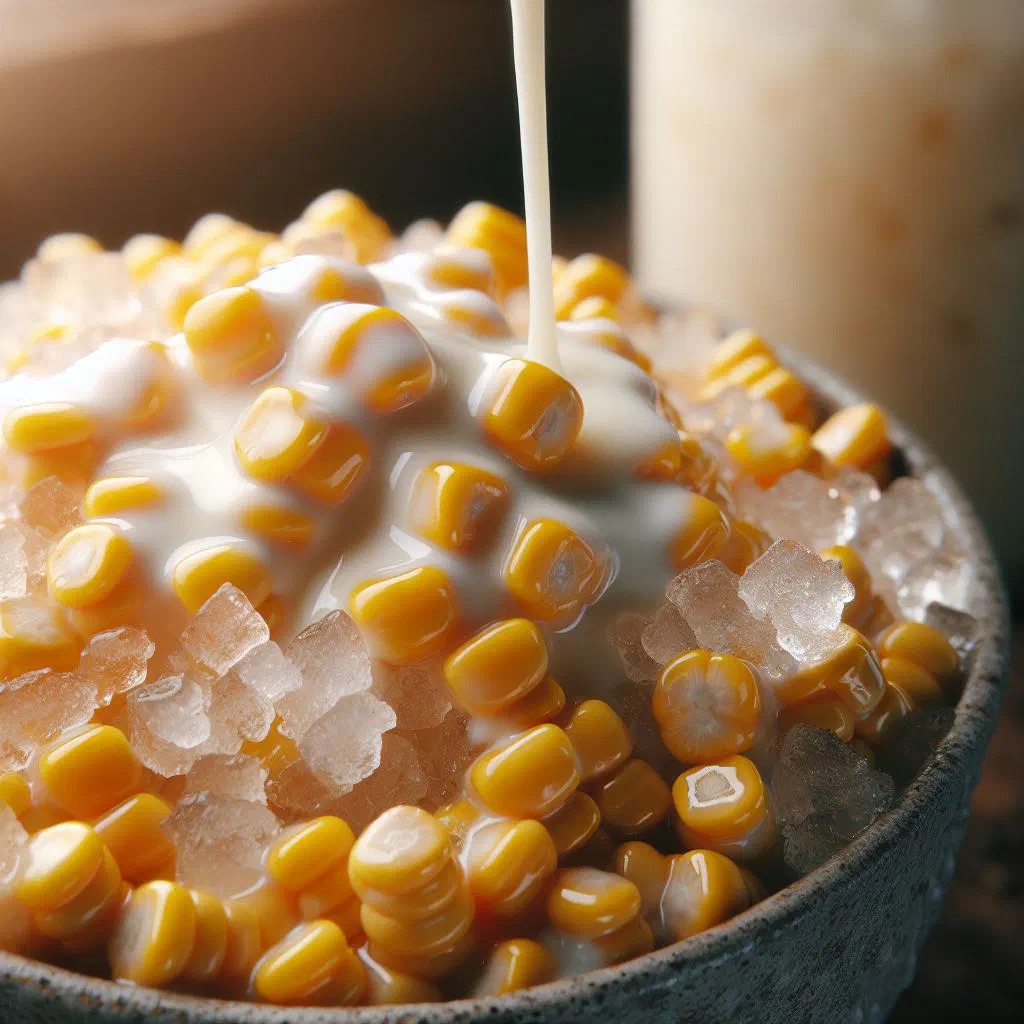 Mais con Yelo with sweetcorn, shaved ice and condensed milk in a glass