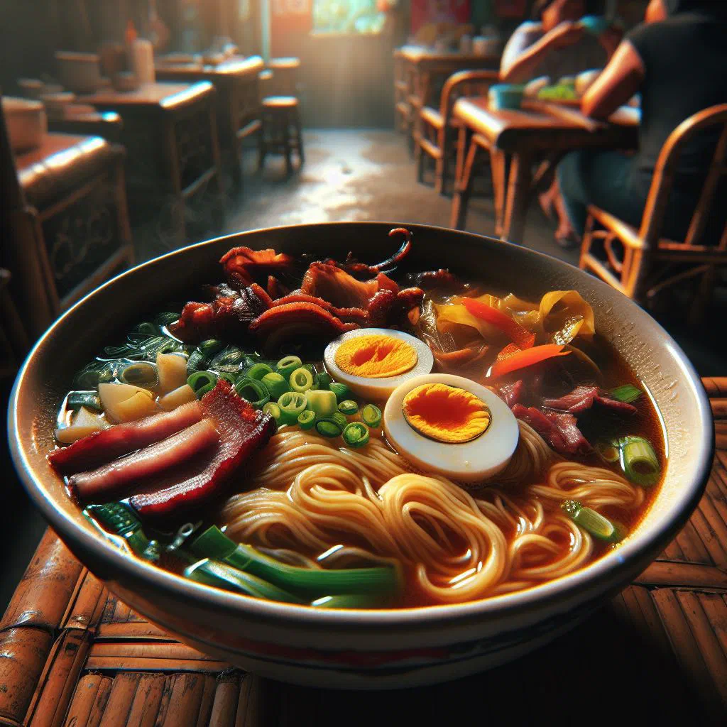 Steaming bowl of Filipino mami noodle soup with tender meat and spring onions