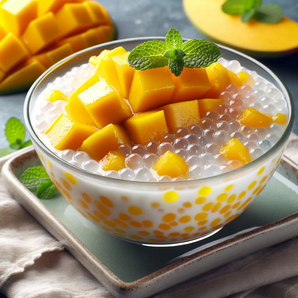 Chilled mango sago with tapioca pearls and fresh mango in a glass