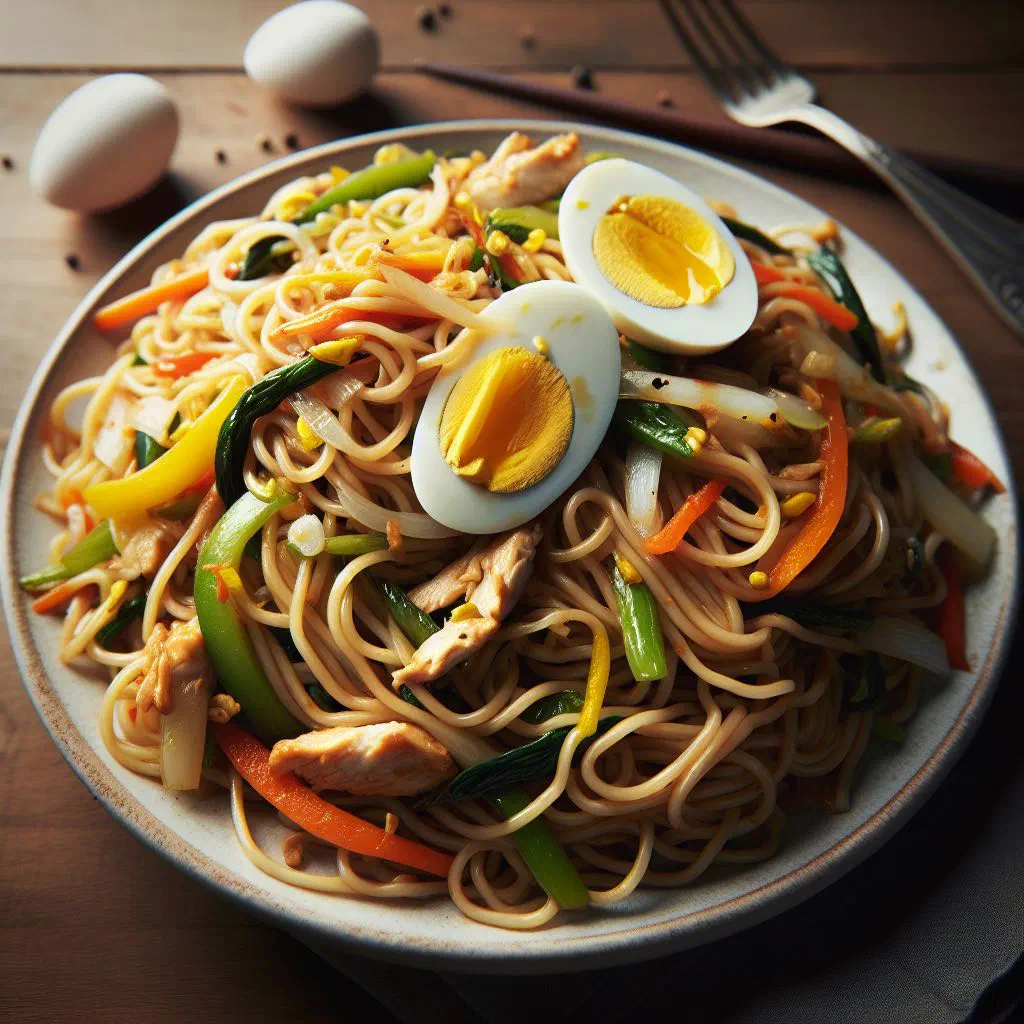 Miki bihon stir-fried noodles with vegetables and strips of meat