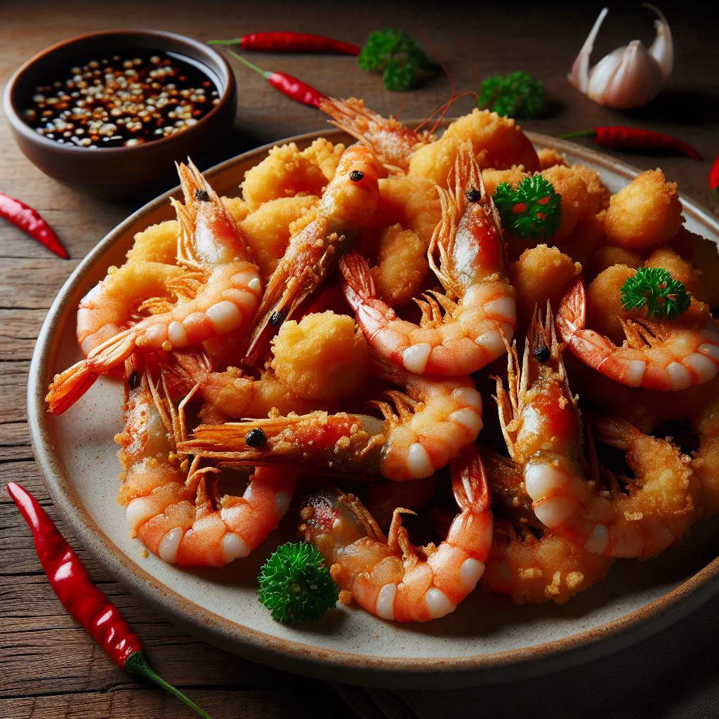 Golden pan-fried prawns marinated in rice wine, garnished with fresh herbs