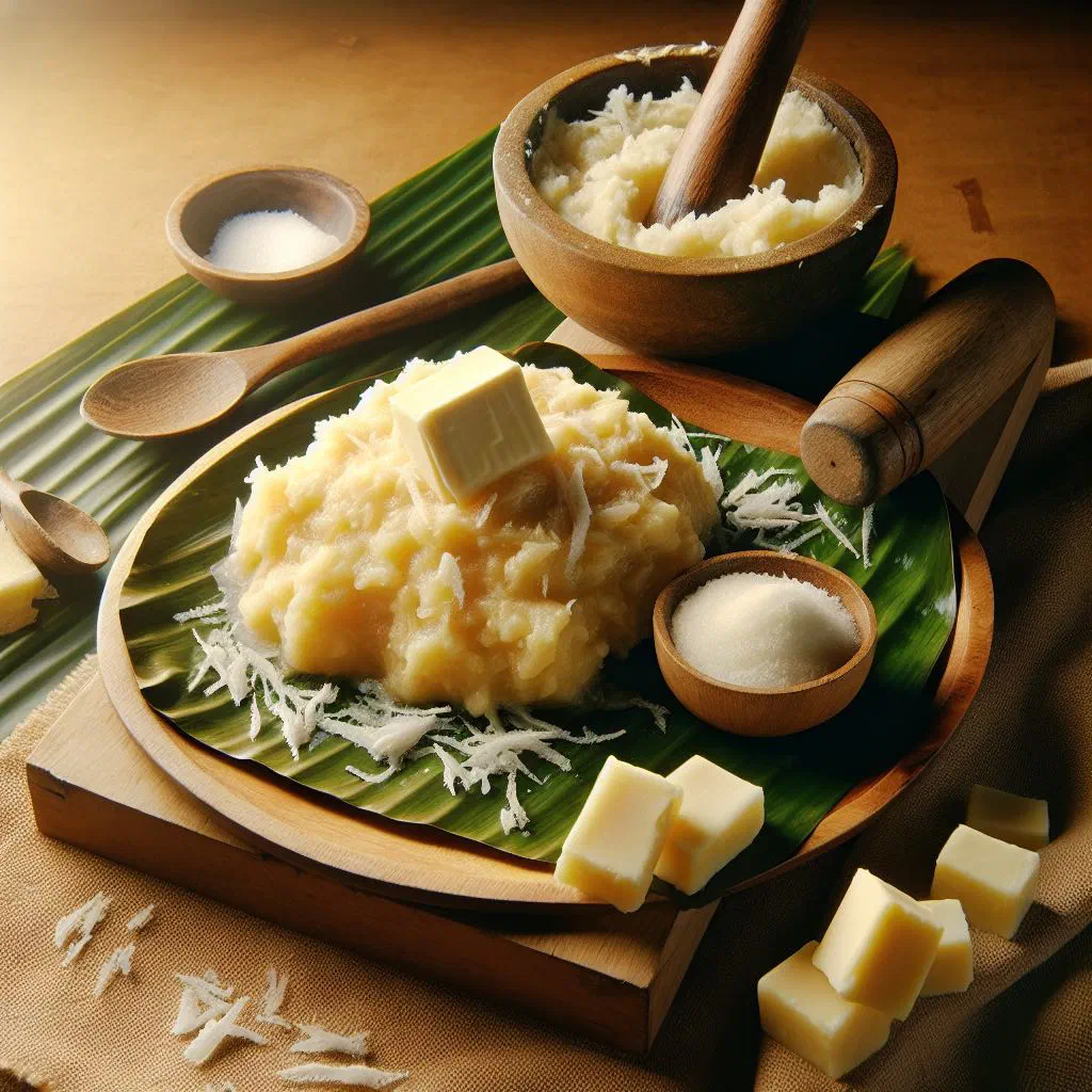 Sweet Filipino nilupak made from mashed cassava and banana with coconut