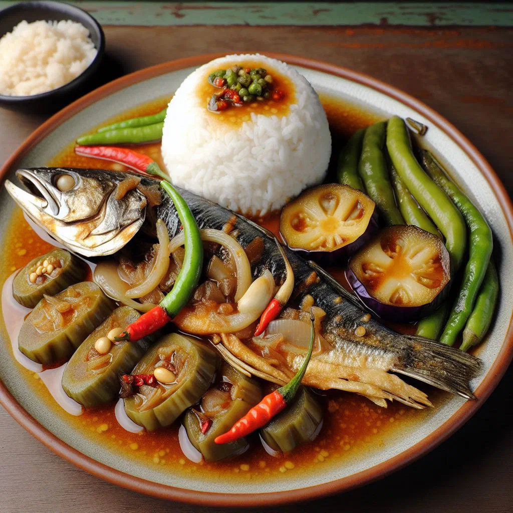Paksiw na bangus simmered with ginger, garlic and green chillies, served with rice