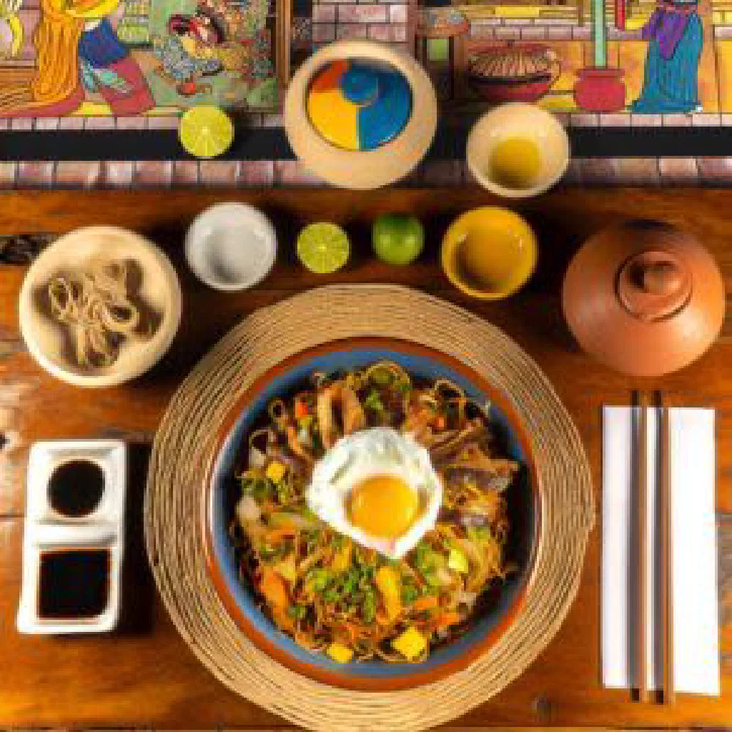 Pancit batil patung with stir-fried noodles, meat, egg and fresh herbs