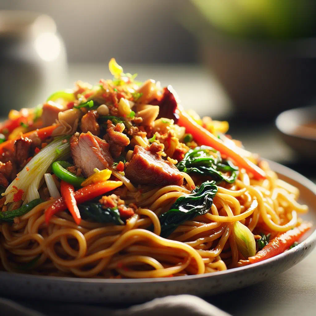 Pancit Cabagan with thick noodles, chicken strips and vegetables garnished with coriander