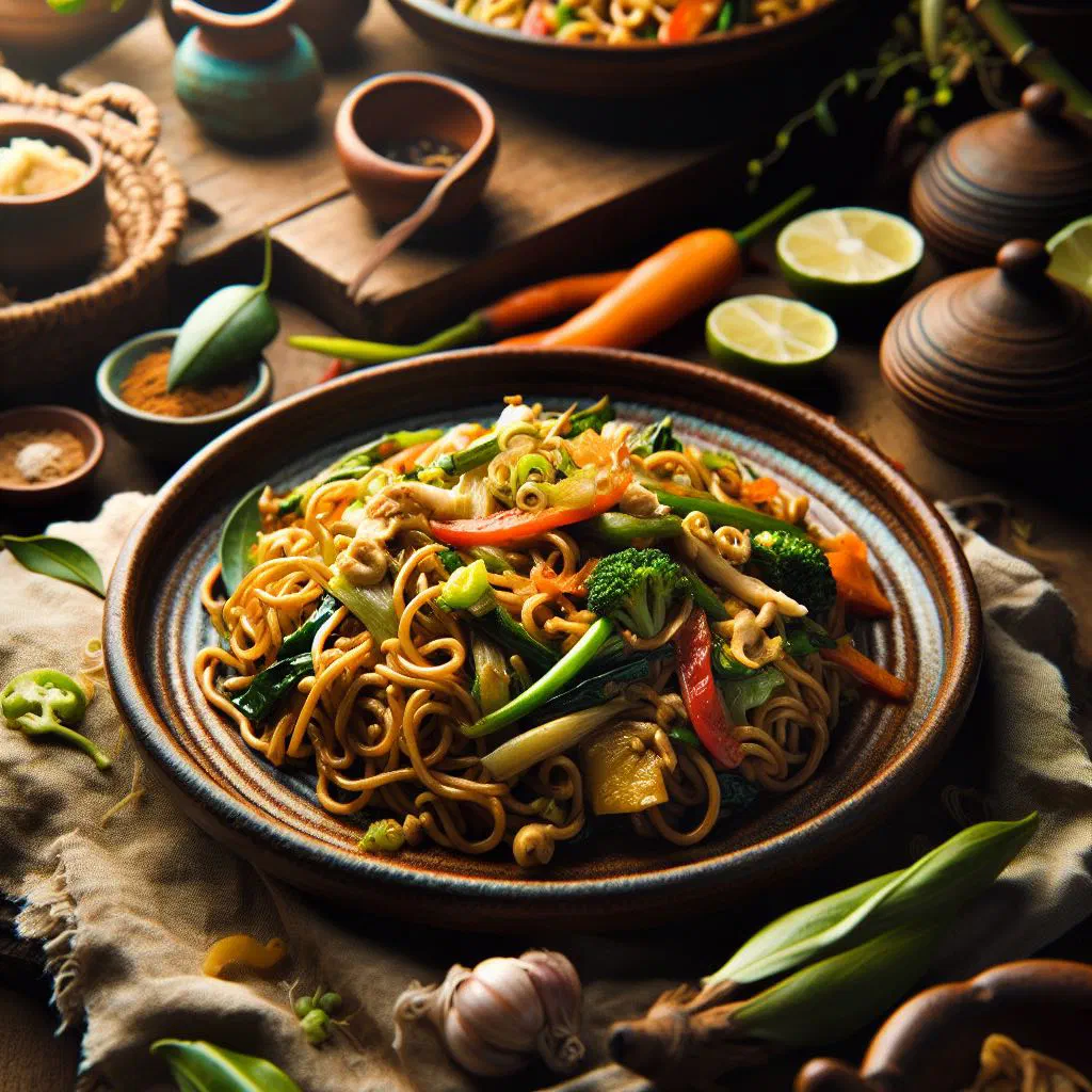 Stir-fried pancit canton noodles with chicken, carrots and spring onions