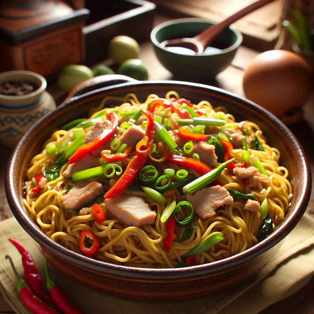 Pancit estilo Lucban noodles with chicken and vegetables garnished with coriander