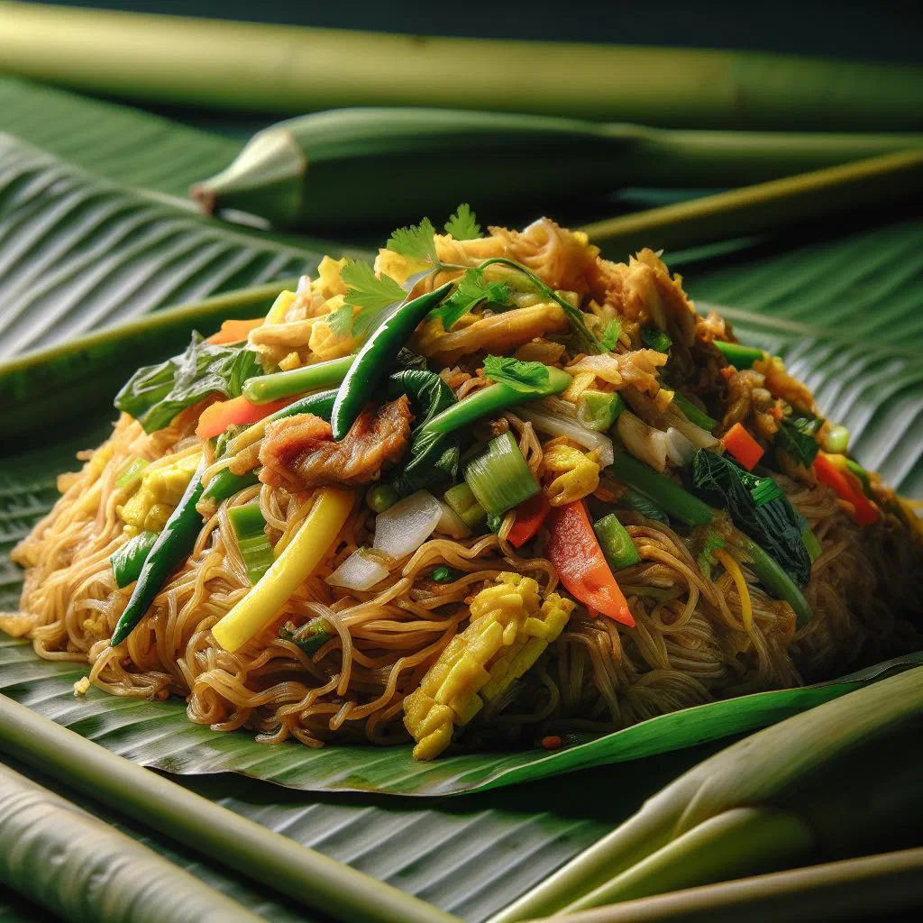 Pancit habhab rice noodles with vegetables served on a banana leaf