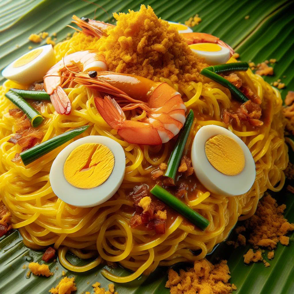 Pancit Malabon with thick rice noodles, prawns and mussels garnished with lime