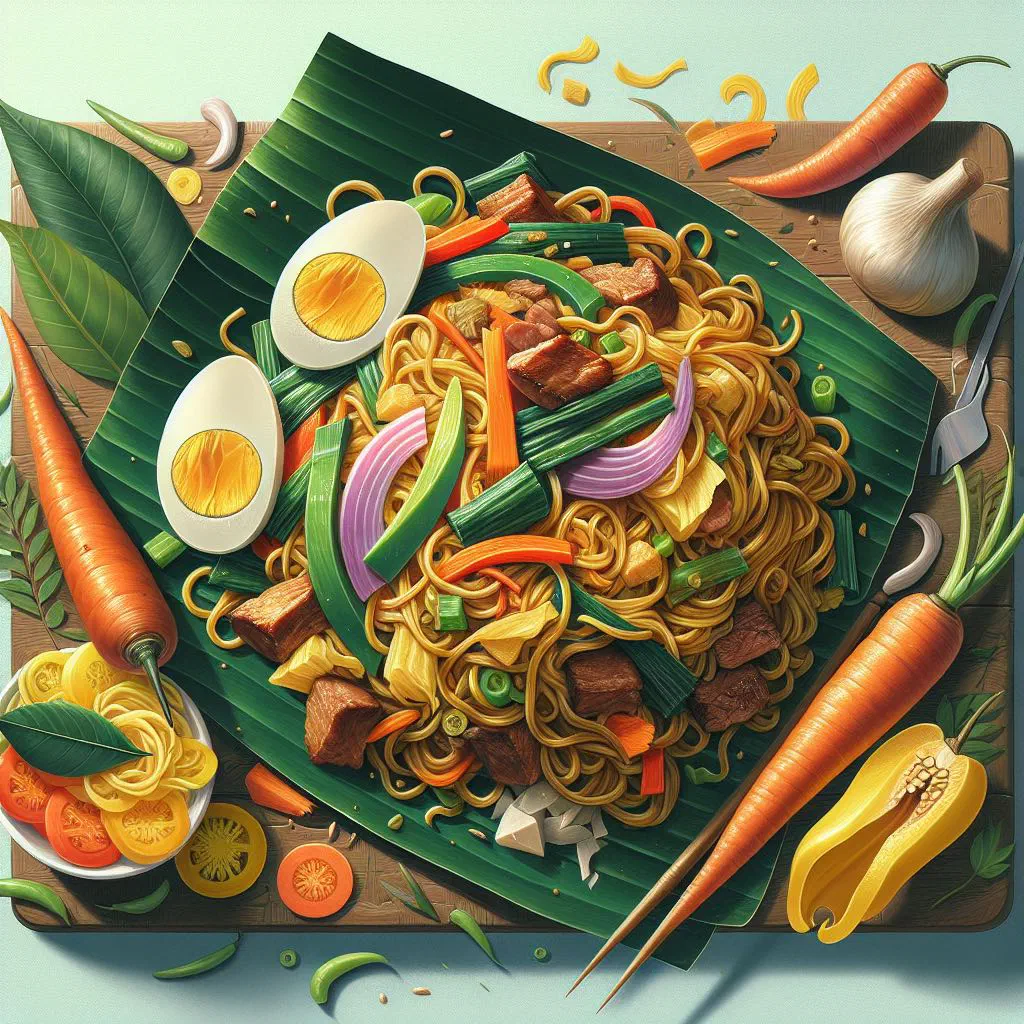 Pancit Puso noodles with chicken and vegetables on a plate