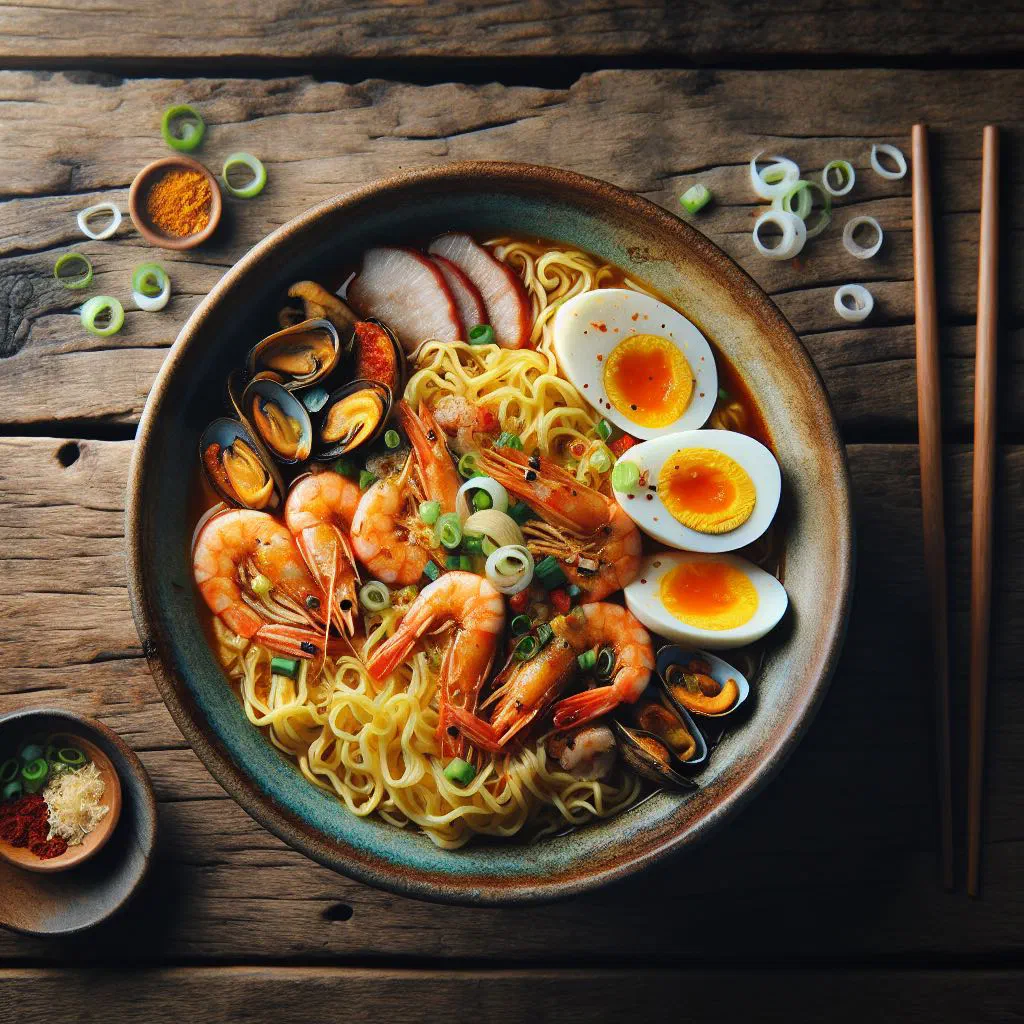 Pancit sinanta noodles tossed with vegetables and meat, garnished with spring onions