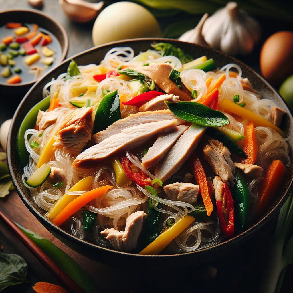 Pancit Sotanghon glass noodles tossed with chicken, carrots and spring onions