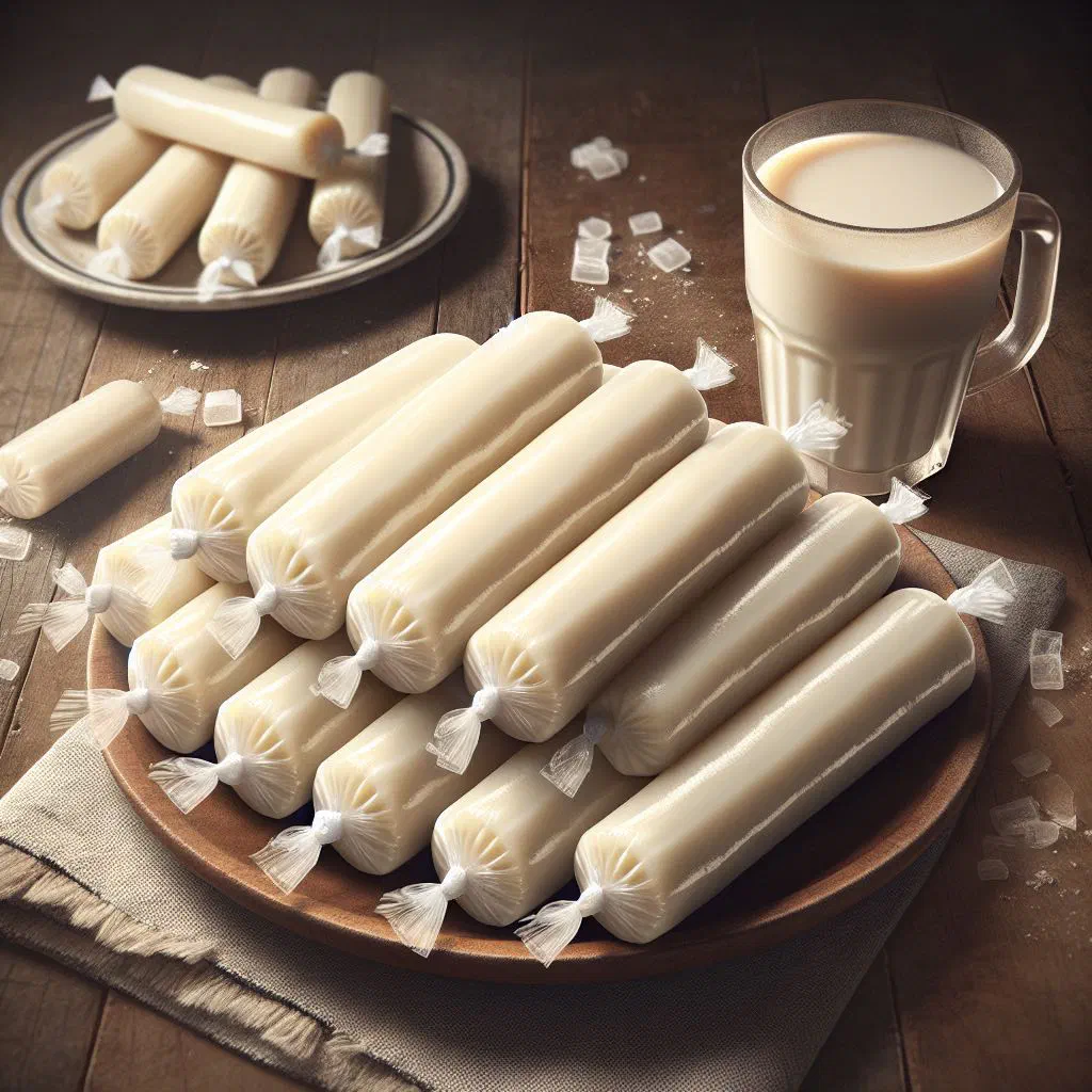Soft Filipino pastillas de leche milk candies rolled in sugar on a plate