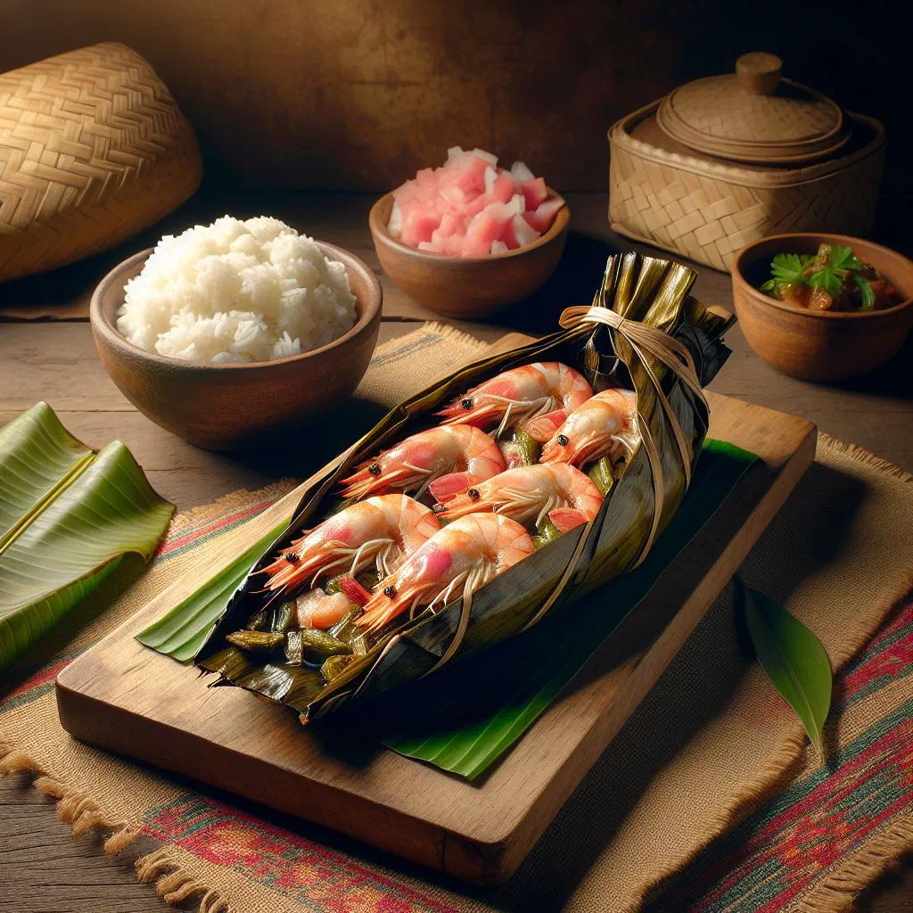 Pinais na hipon prawns steamed in folded banana-leaf parcels