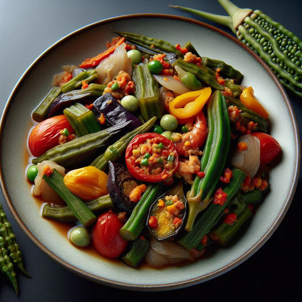 A bowl of Pinakbet Ilocano vegetable stew served with steamed rice