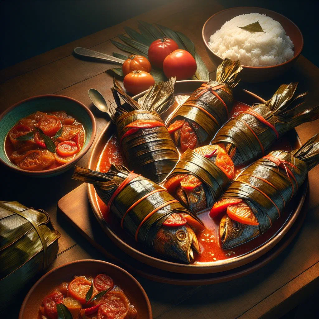 Steamed fish wrapped in banana leaves with coconut milk