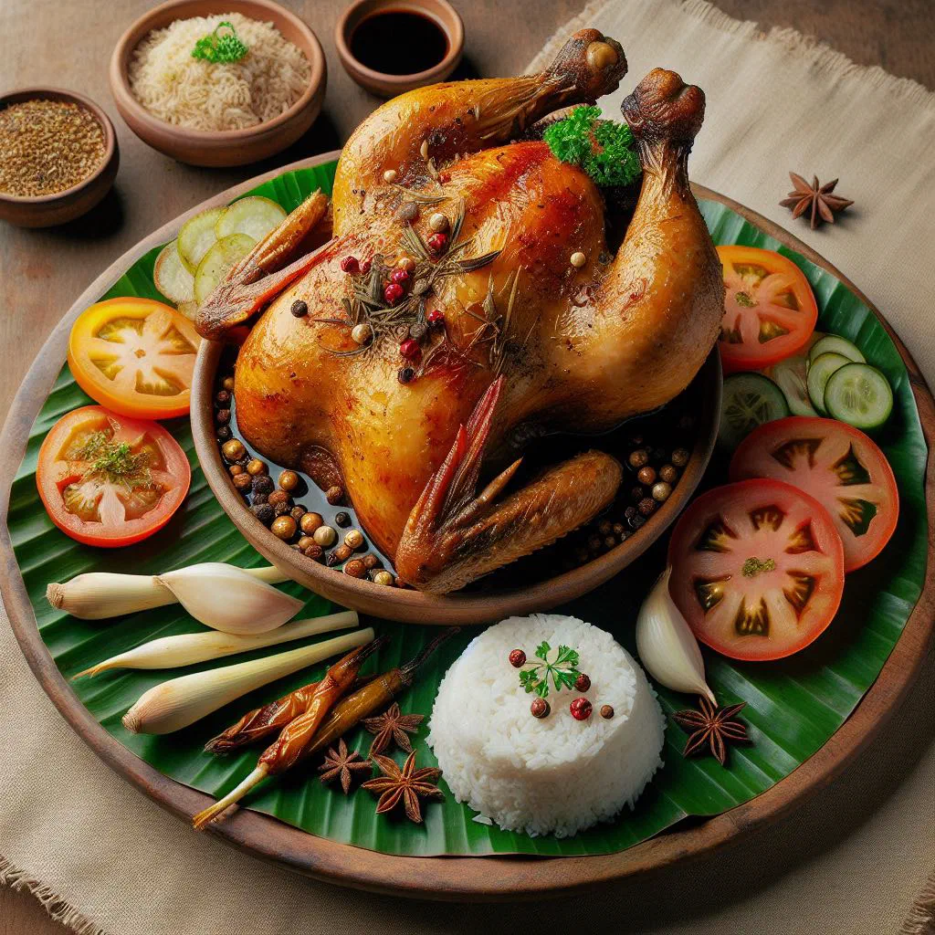 Whole roasted Pinaupong Manok chicken garnished with fresh herbs