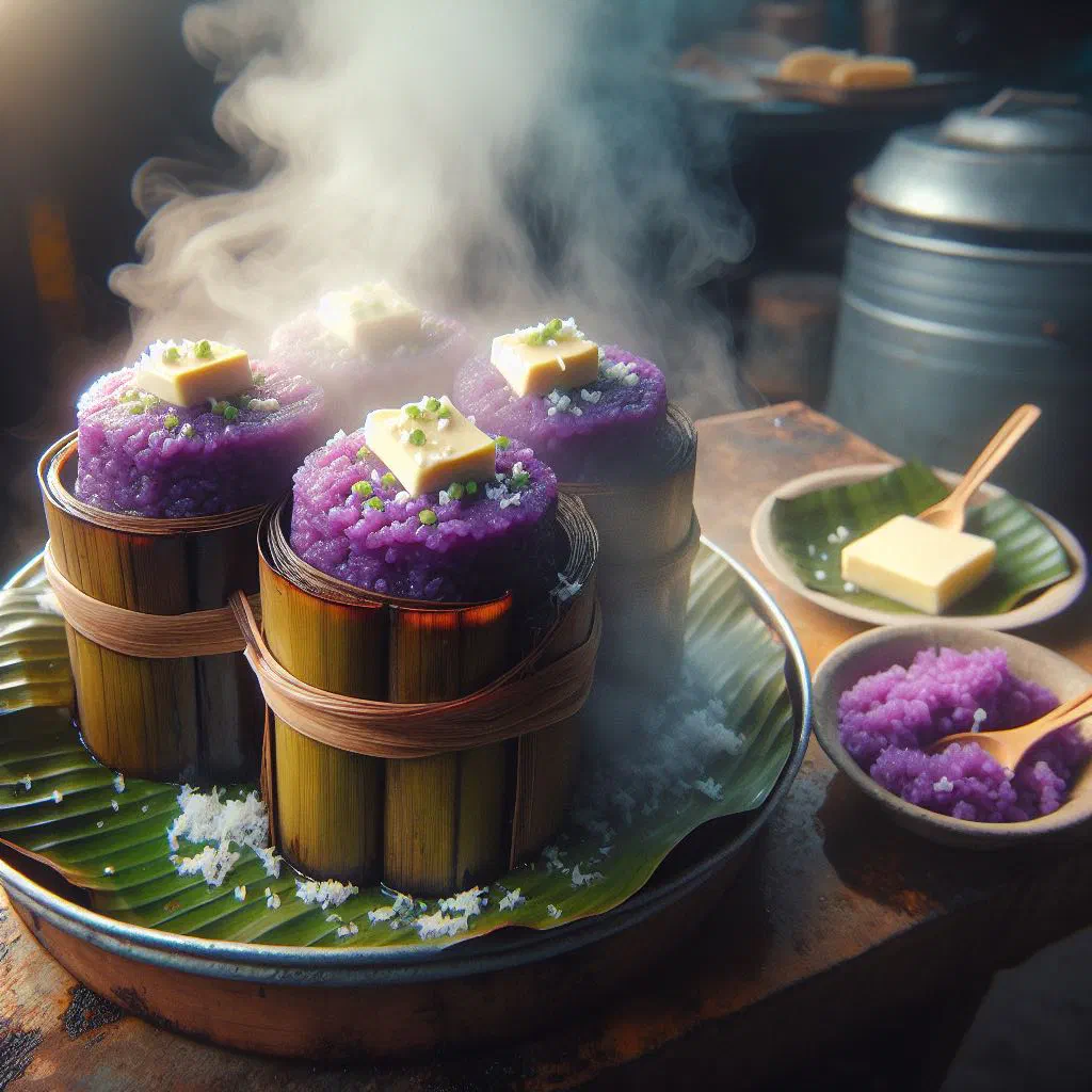 Steamed purple puto bumbong topped with coconut and brown sugar