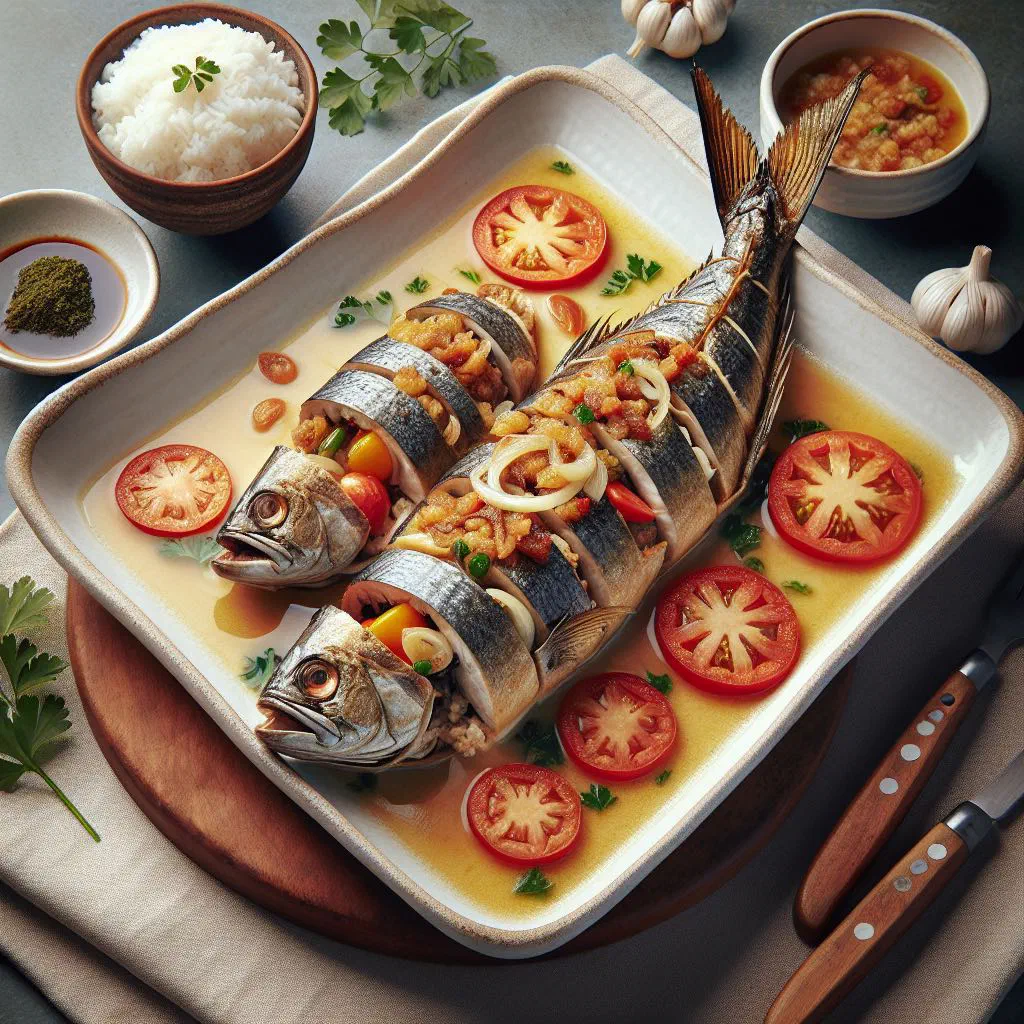 Golden pan-fried stuffed milkfish on a platter with lemon and herbs