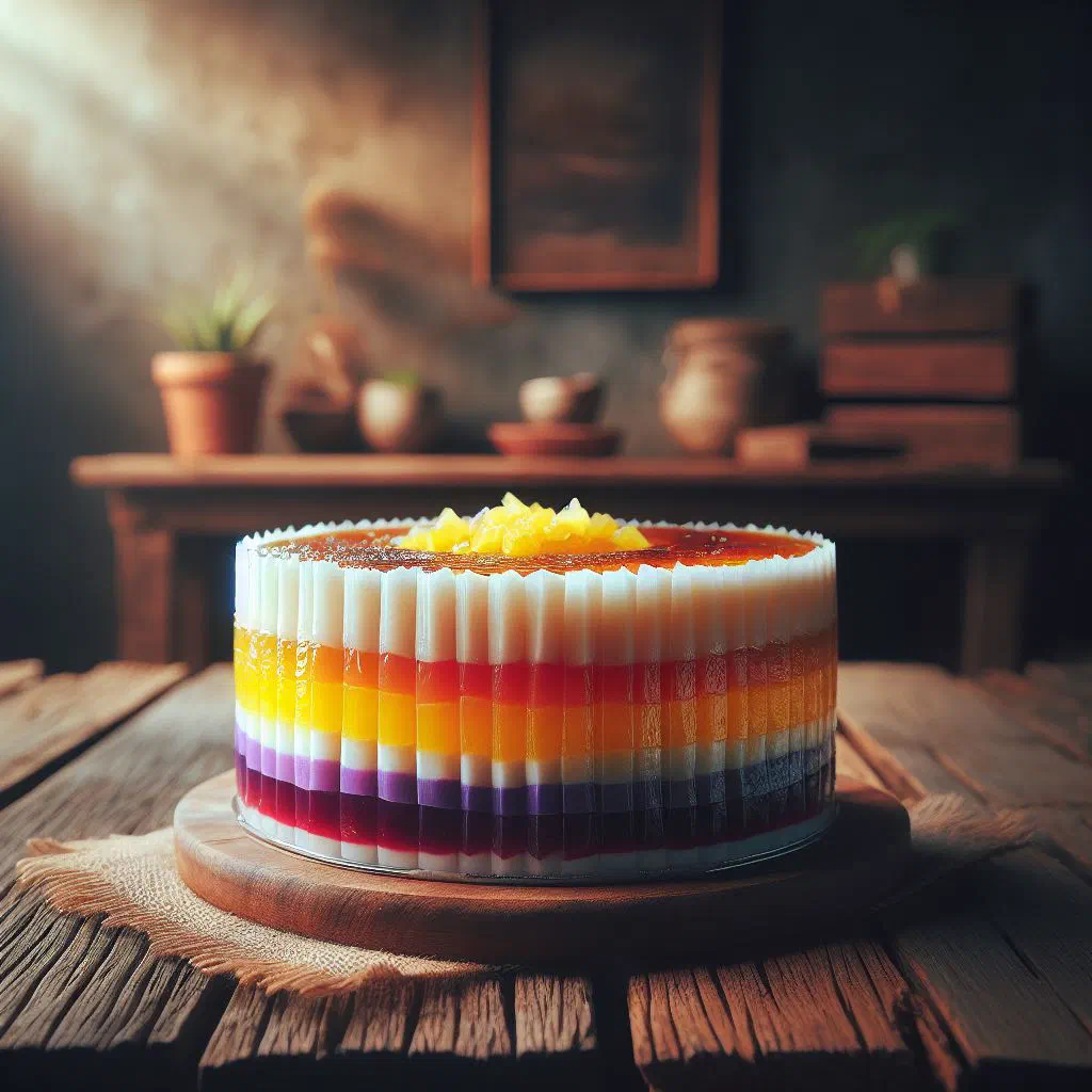 Colourful layered sapin-sapin slices in purple, green and yellow