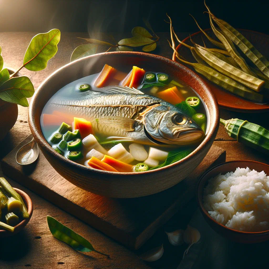 Bowl of sinigang na isda with fish, vegetables and a sour tamarind broth