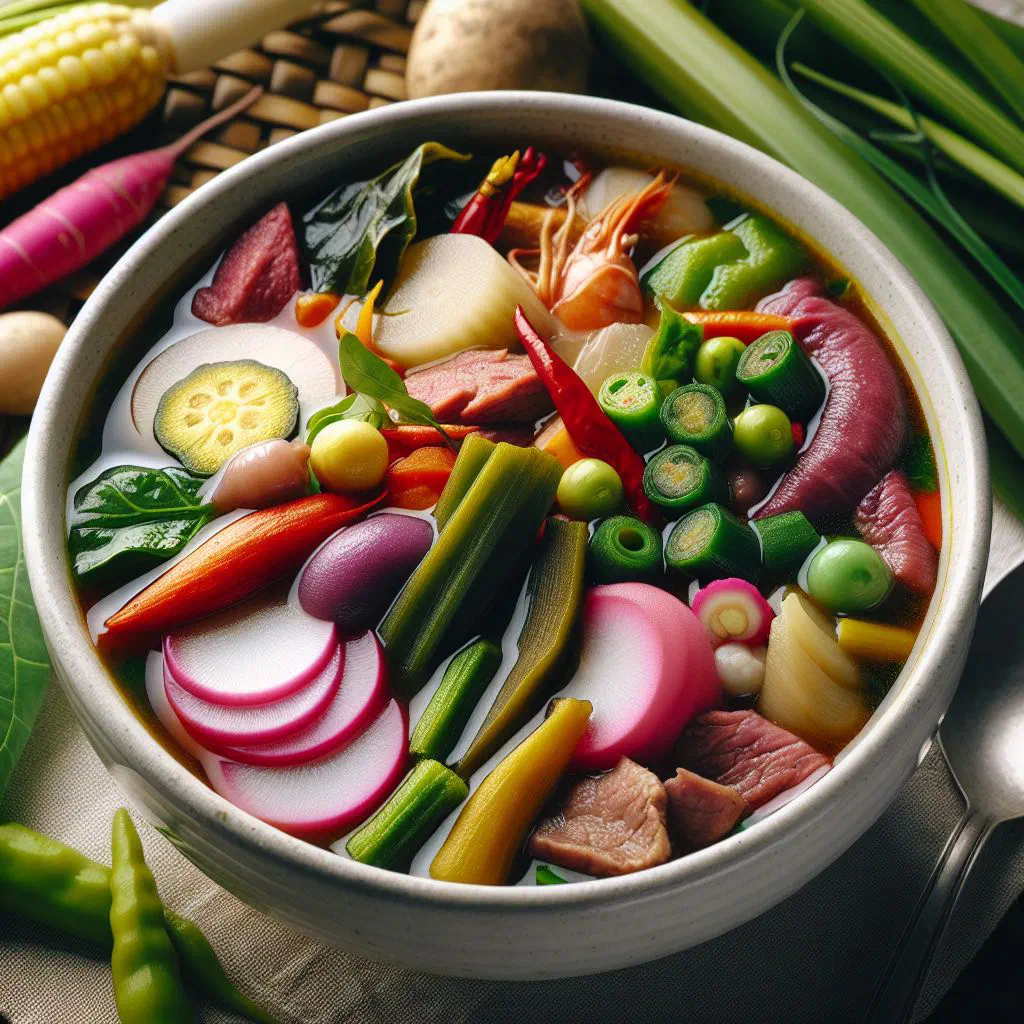 A steaming bowl of sinigang with pork and vegetables in tamarind broth