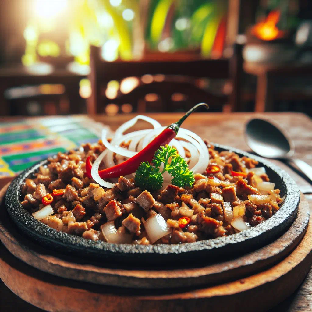 Sizzling pork sisig with onions, chilli and a topped egg in a cast-iron pan