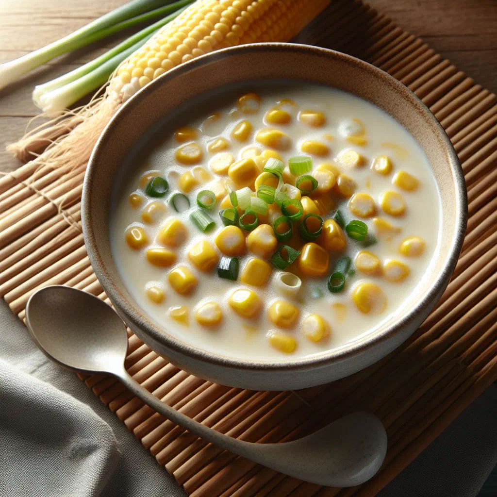 A bowl of suam na mais with sweetcorn and leafy greens in a light broth