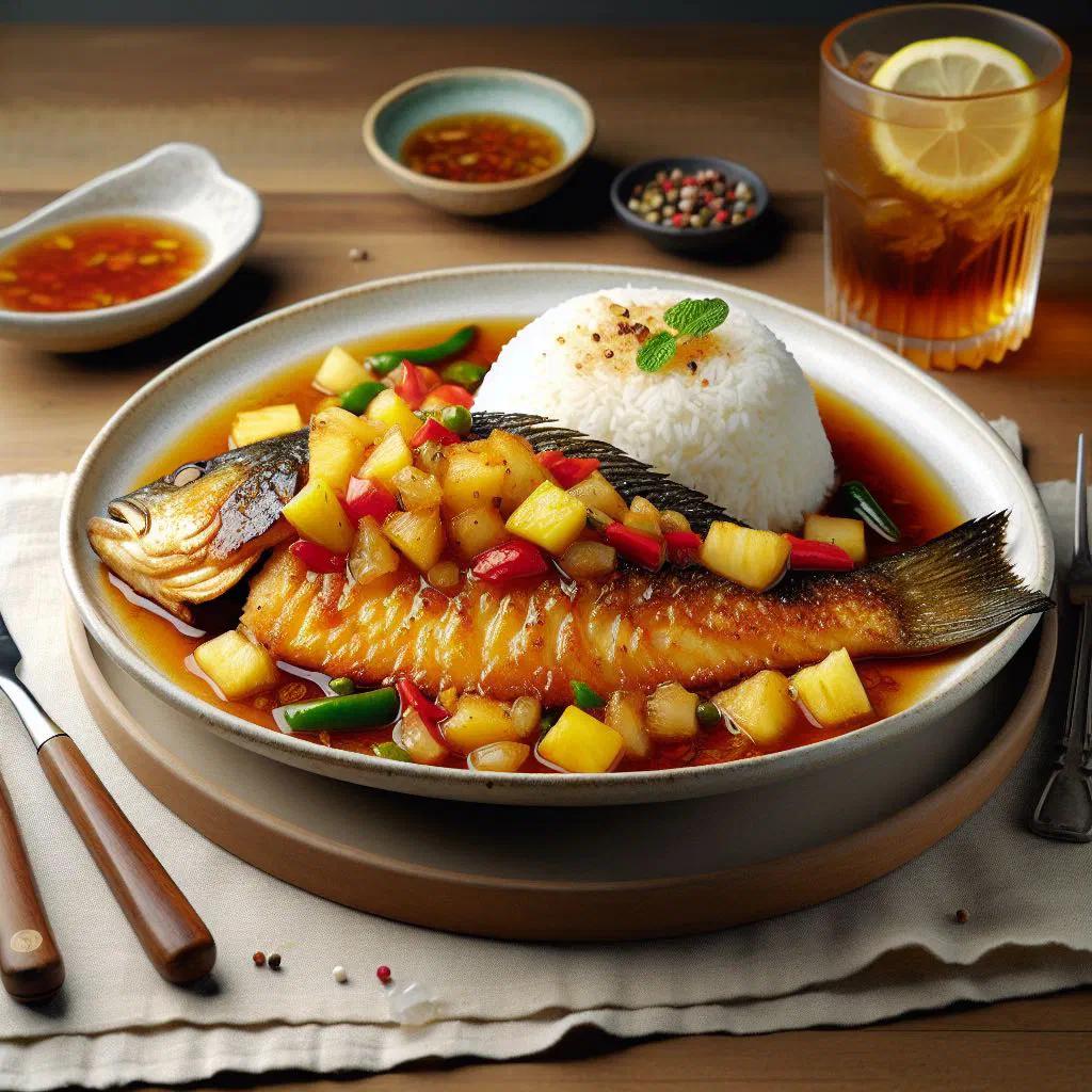 Sweet and sour lapu-lapu with peppers and pineapple in a glossy sauce