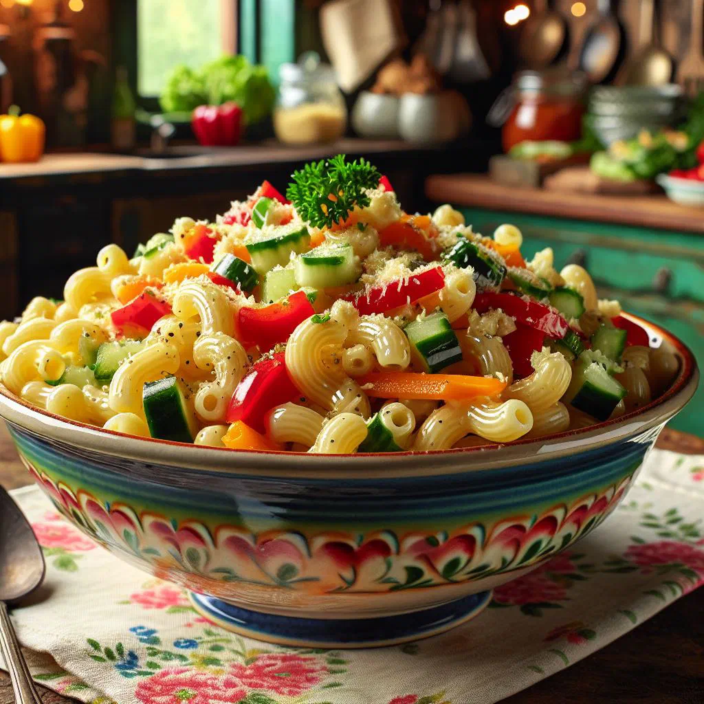 Creamy Filipino sweet macaroni salad with pineapple, carrots and peas in a bowl