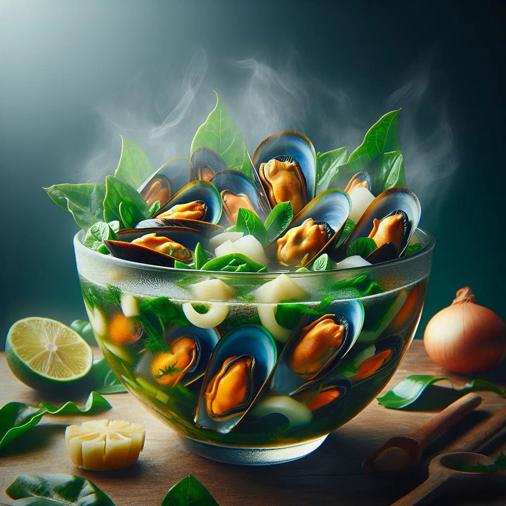 A steaming bowl of tinolang tahong with mussels in clear ginger broth and leafy greens