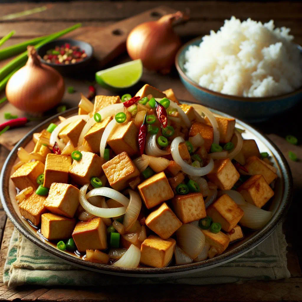 Sizzling plate of tofu sisig topped with chillies and fresh coriander