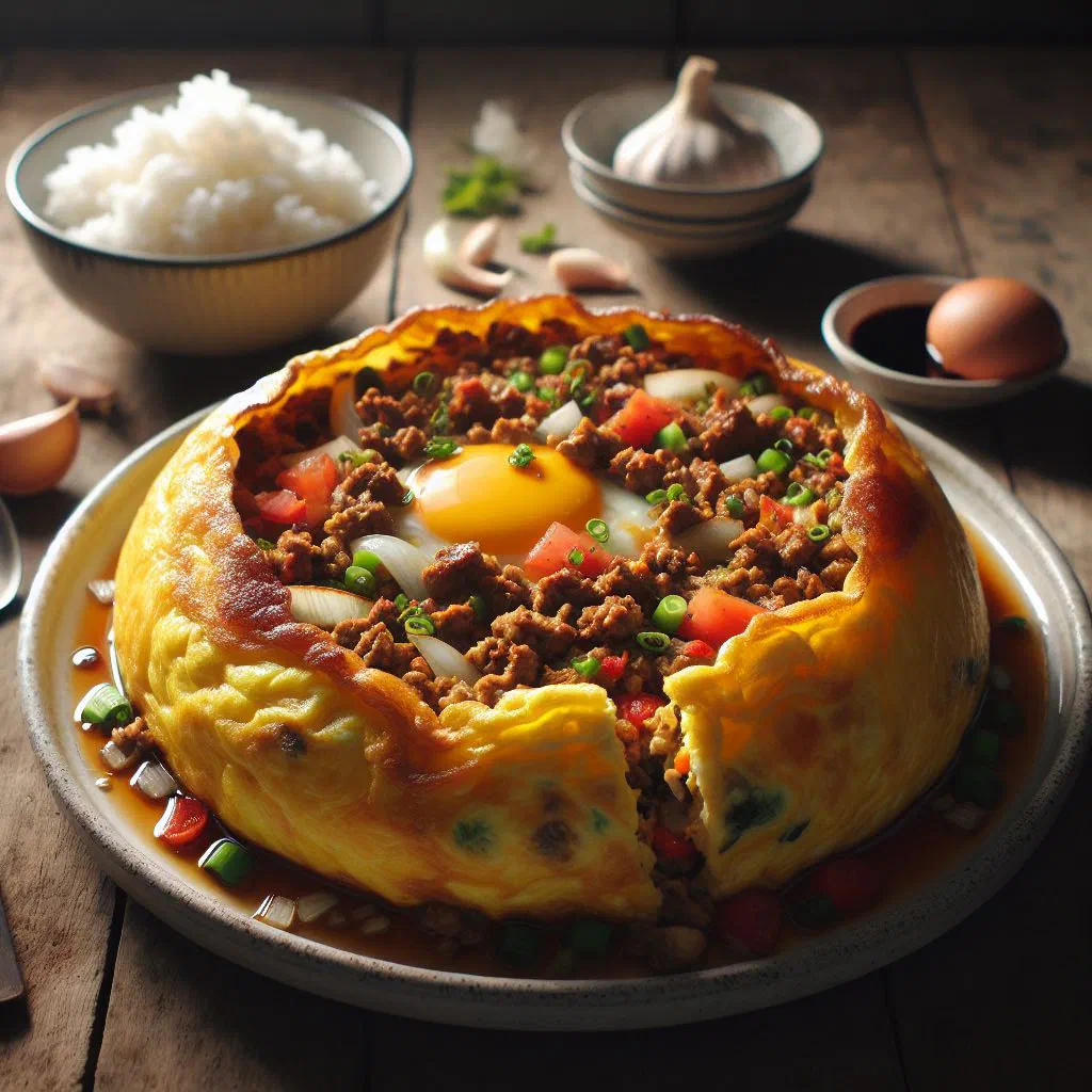 Tortang Giniling, a golden Filipino ground-meat omelette, served on a plate