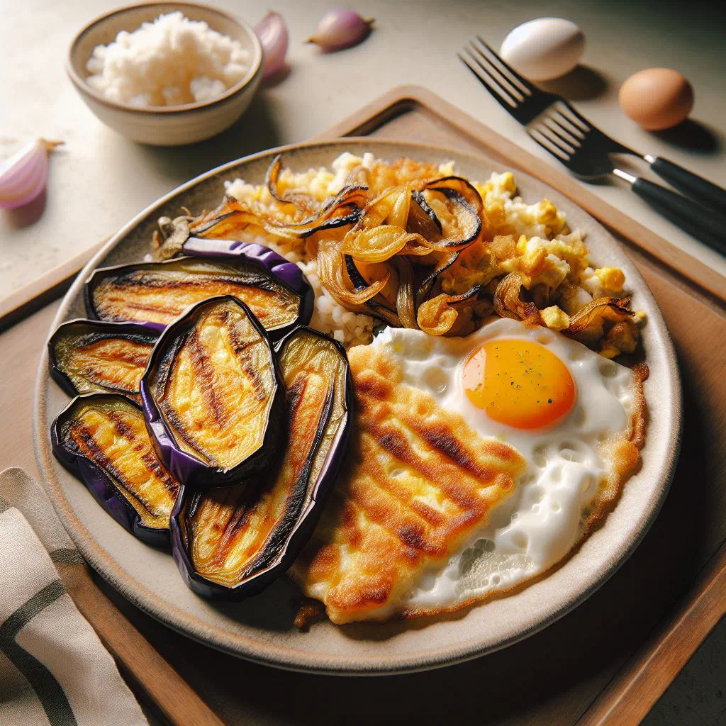 Tortang talong aubergine omelette served on a plate with rice