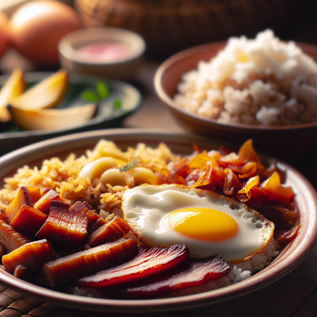 Tosilog plate with sweet cured pork, garlic rice and a sunny-side-up fried egg