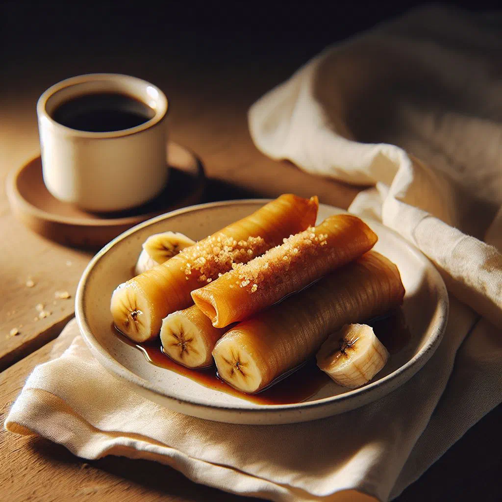 Golden fried Turon de Banana rolls glazed with caramelised brown sugar