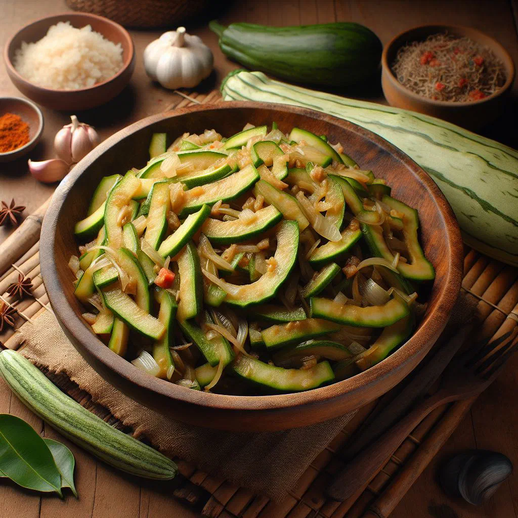 Upo guisado, a Filipino bottle gourd stew with diced pork, in a serving bowl