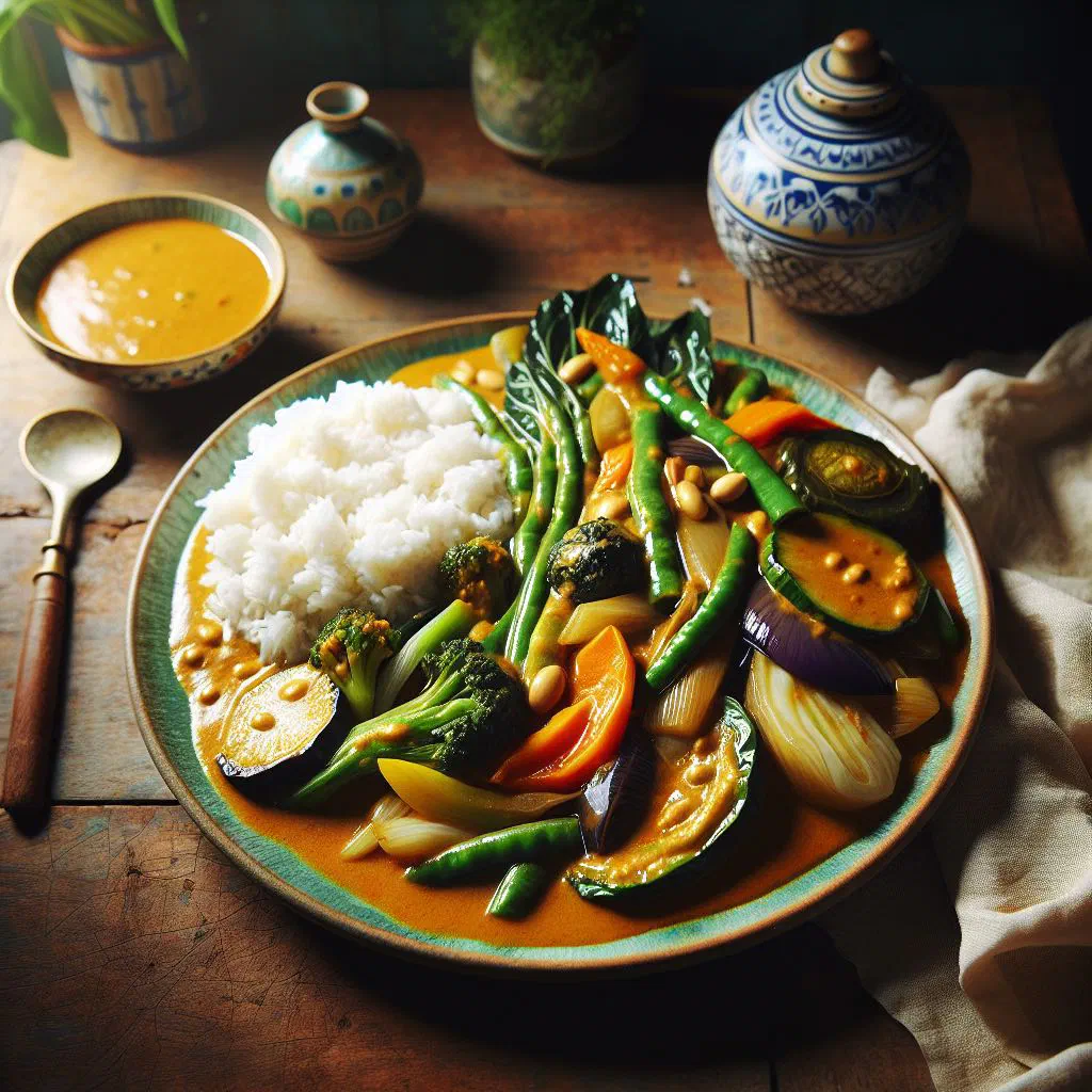 Vegetable kare-kare in a bowl with rich peanut sauce and colourful vegetables