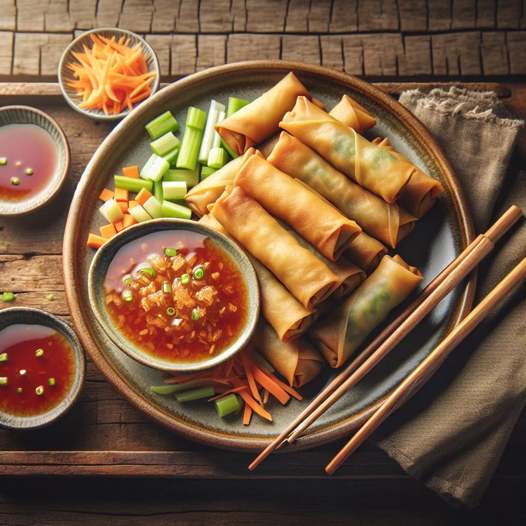Crispy golden vegetable lumpia served with a dipping sauce