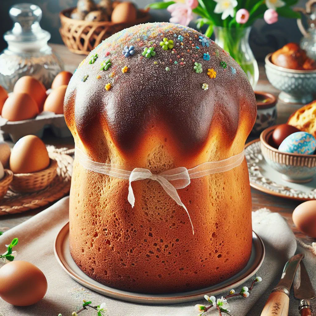 Golden Polish Baba Wielkanocna Easter cake dusted with icing sugar