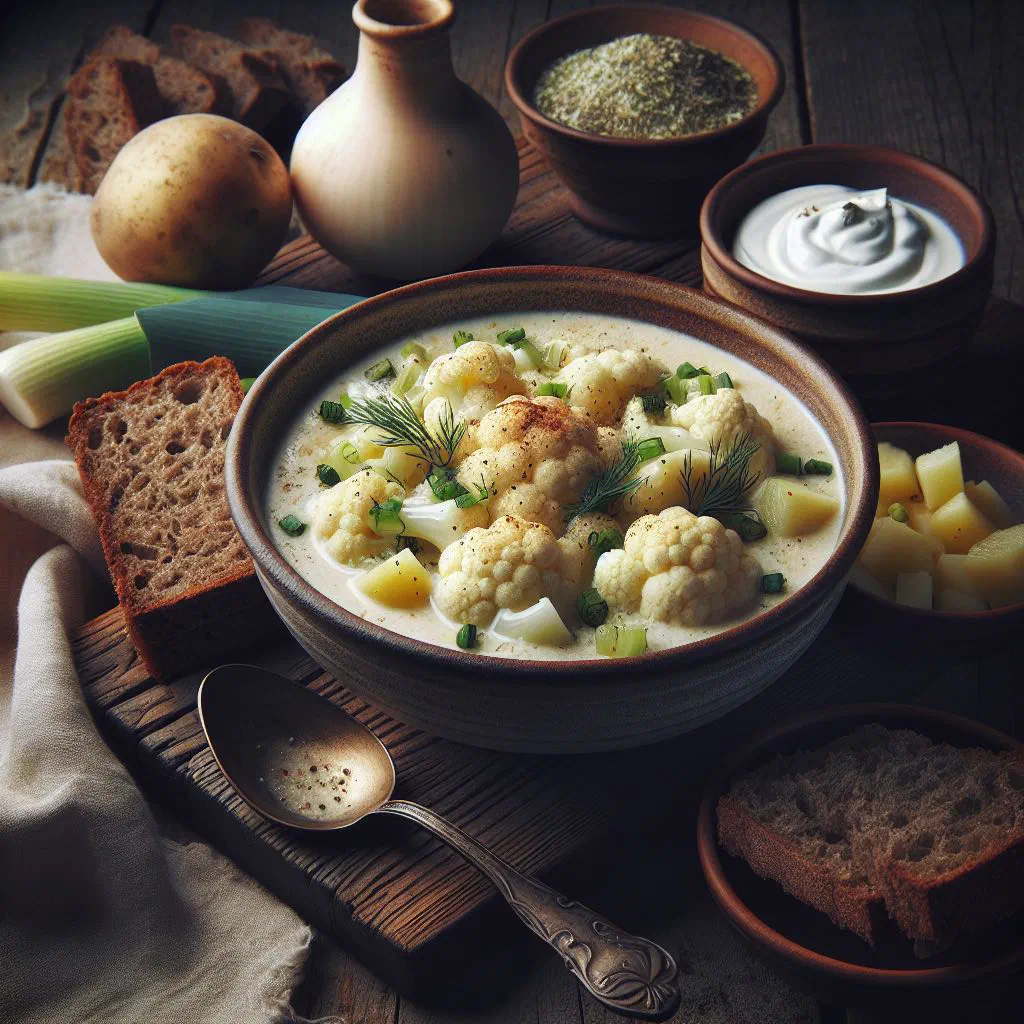 Creamy Polish cauliflower soup garnished with fresh dill